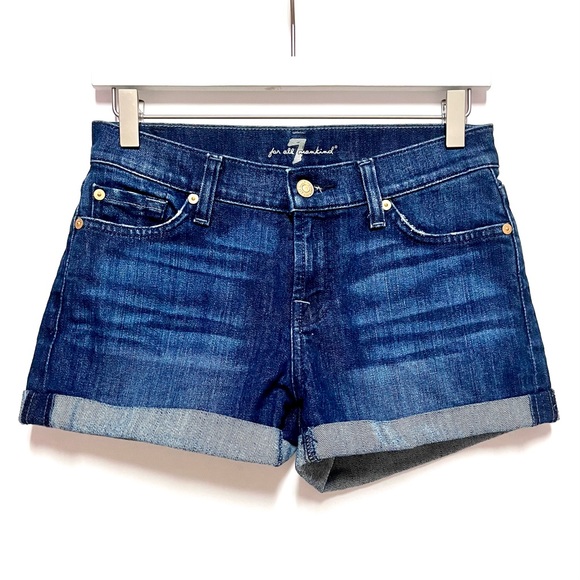 7 For All Mankind Roll Cuff Denim Jean Shorts Size 24 Dark Wash Coastal Cowgirl - Picture 2 of 9
